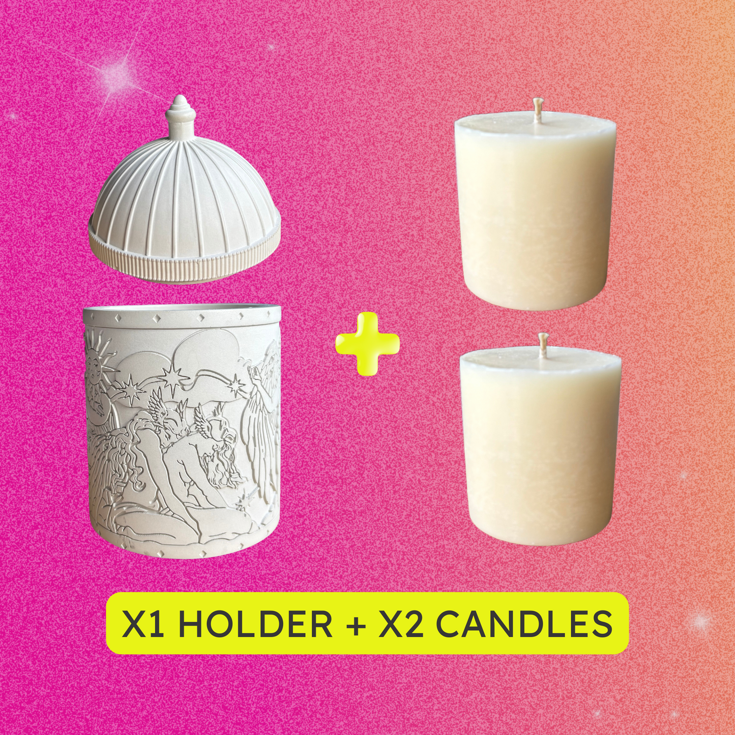 Candle holder with two candles on a pink gradient background