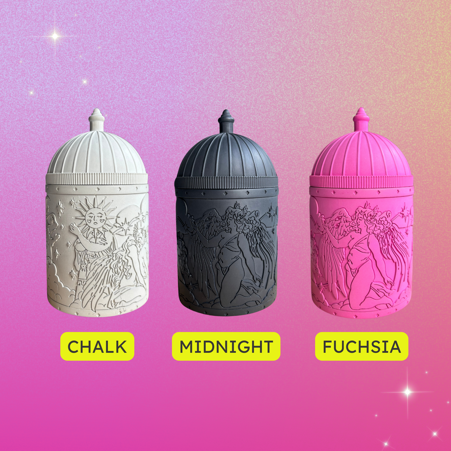 Three cylindrical containers labeled 'Chalk', 'Midnight', and 'Fuchsia' on a gradient background.