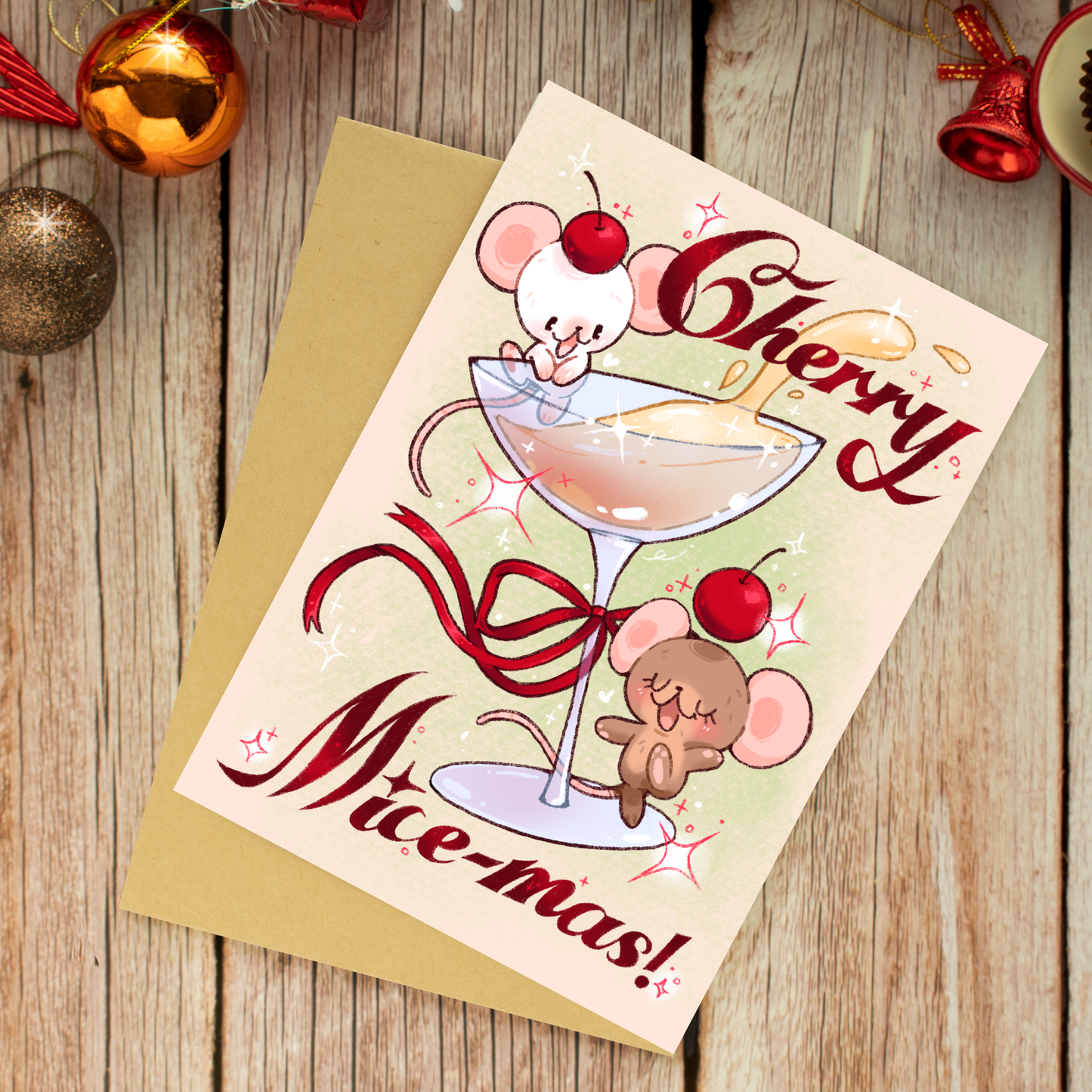 Cherry Mice-mas Vintage Christmas Greeting Card