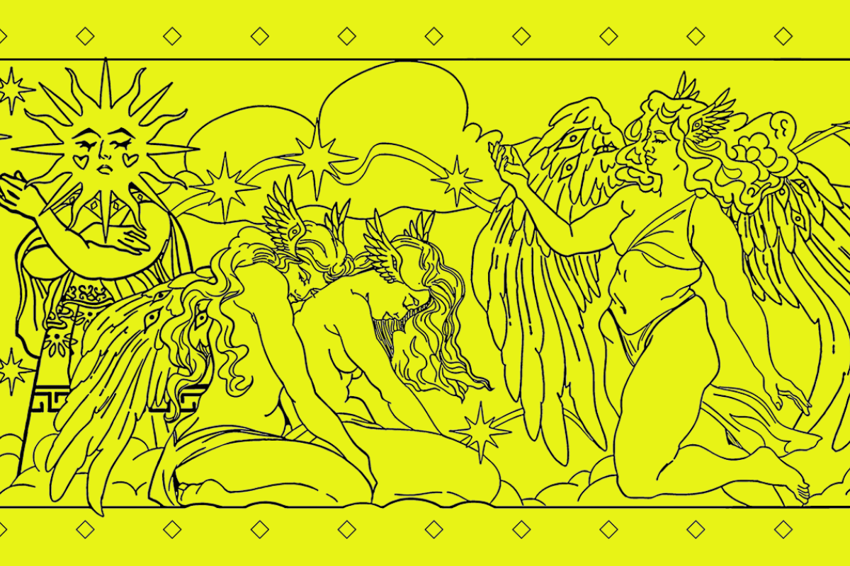 Illustration of mythological angels figures on a bright yellow background